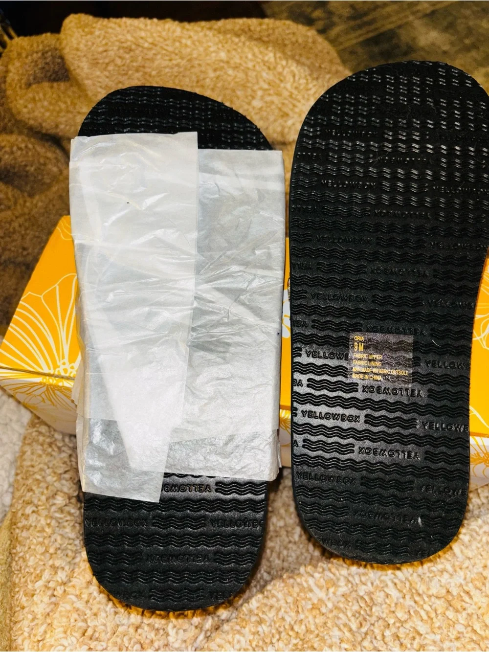Yellow Box Black Sandal with Multicolor Woven Strap and Pink Accent